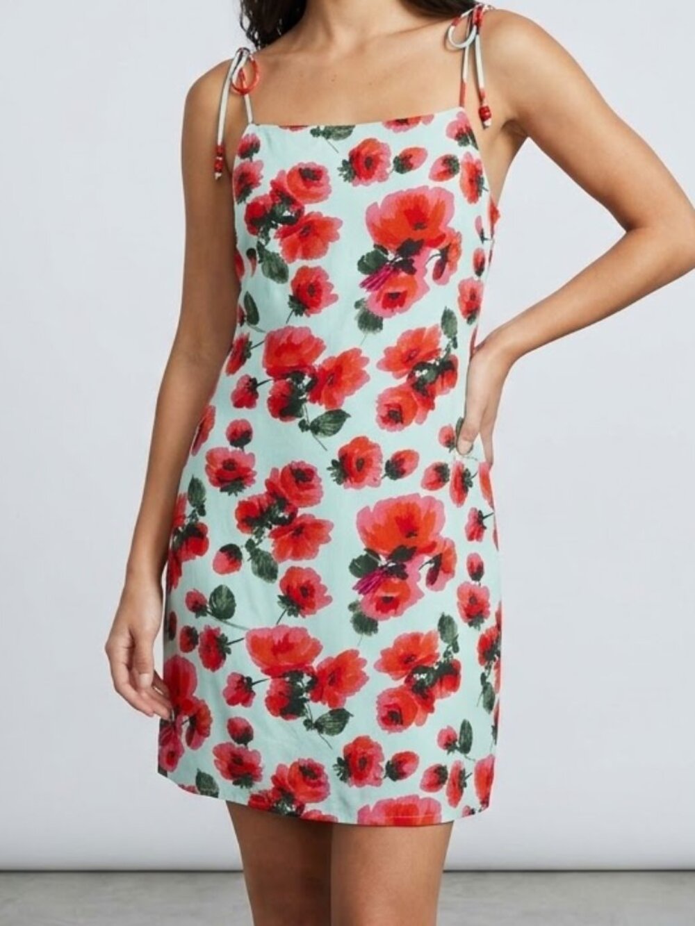 Billabong sz small spaghetti strap mint / red floral print dress